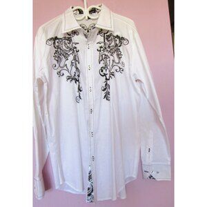 VICTORIOUS White/Black  Long Sleeve Button Down Shirt , cotton, made in US